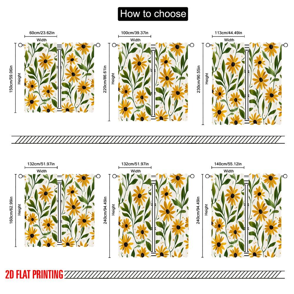 2pcs,2D plane printing Curtain Fabric Sunny Blooms Durable 100% Polyester Fabric (without rod) Holiday Use for Home & Office