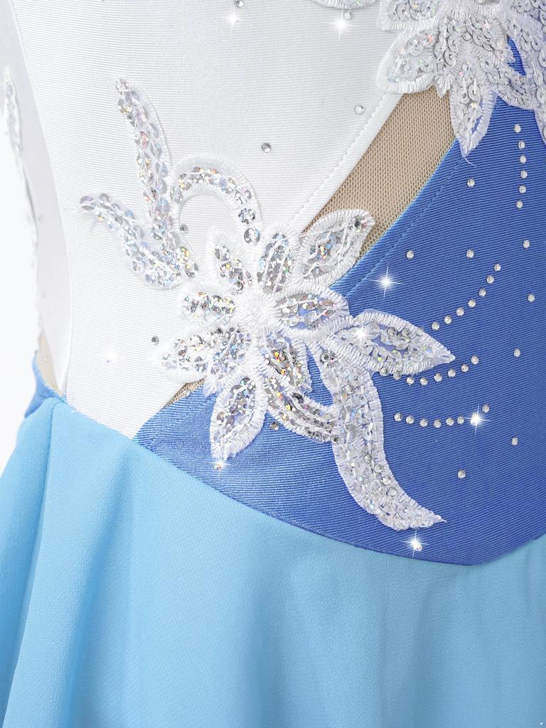 Girls Performance Dress Sleeveless Round Neck Shiny Sequins Floral Pattern Hollow Back Dance Wear