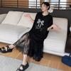 2025 Summer New/plus Size Long Stitching Lace Skirt Hot Beads Rhinestone Short Sleeve Dress