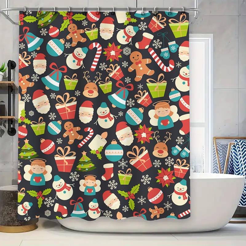 Tu Christmas Shower Curtain Festive Holiday Decor Santa Claus Reindeer Snowman Pattern Waterproof Bathroom Fabric Backdrop Festi