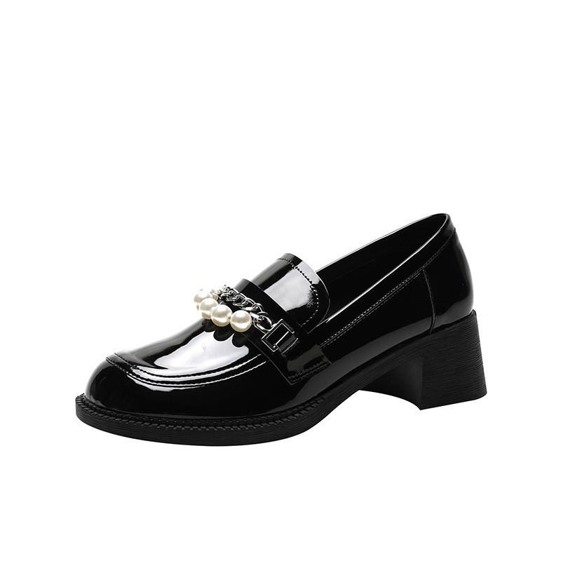 Thick Heel Real Small Leather Shoes Pearl Mary Jane Women'S Shoes Round Head Soft Girl With Skirt One Pedal Lazy Shoes