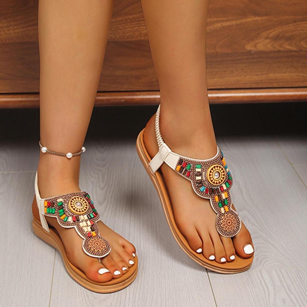 Large size rhinestone herringbone clip toe thick bottom ethnic elastic band bead beach sandals