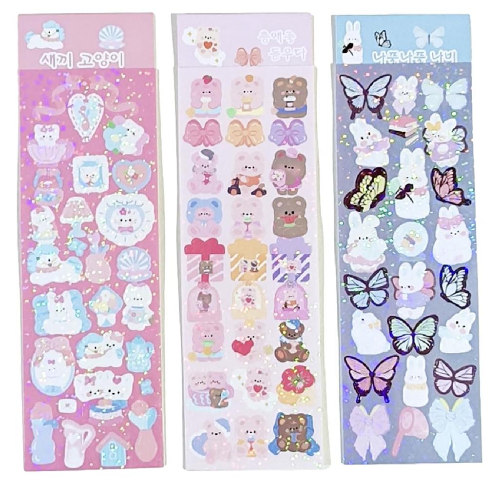 324 Korean Character Deco Stylish and Reward Large Animal Small Pastel Colors [12 Sheets, Stickers] Stickers, Glitter, Sparkle, Cute, Stickers,