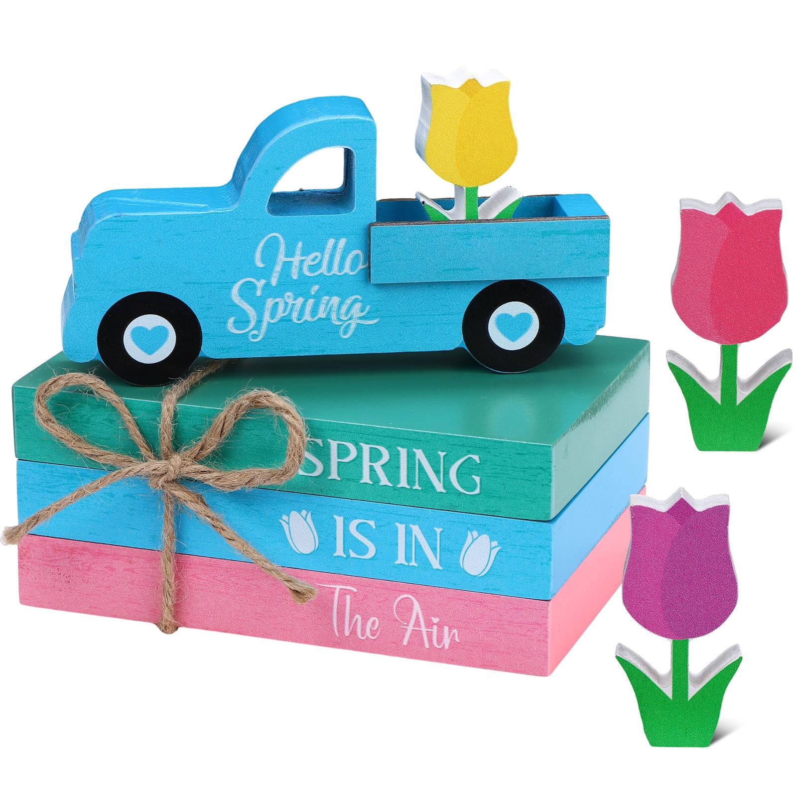 7 Pcs Spring Wooden Table Signs Decorations Hello Spring Table Centerpiece Rustic Farmhouse Easter Faux Book Stack Pastel Tulip армия зеленый