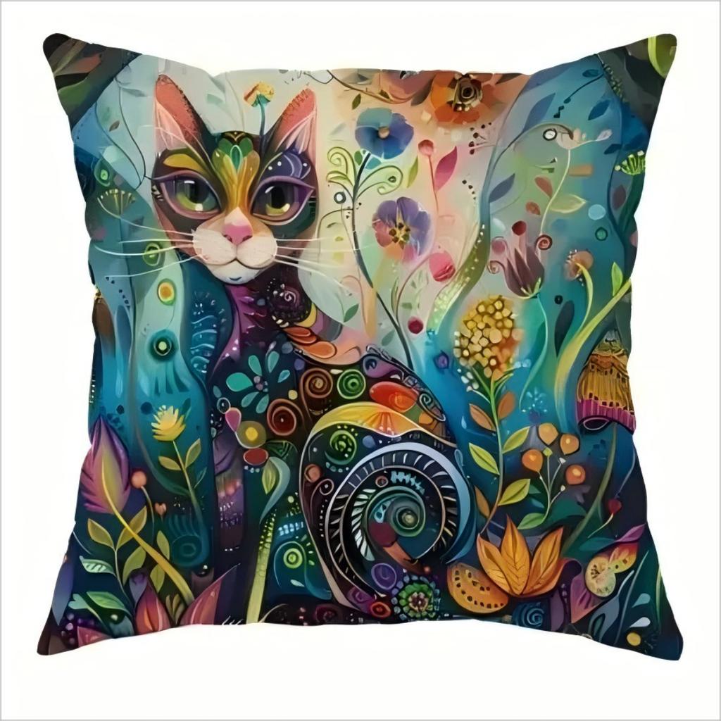 Bohemian Cat Print Pillow Cover Colorful Floral Cat Cushion Case For Sofa Bedroom Living Room, Artistic Cat Home Decor