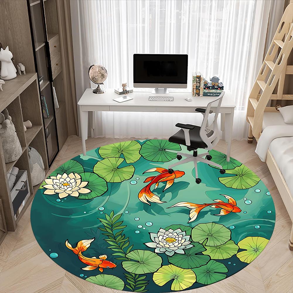 1pc Pond Fishes Office Round Area Rug,  Mat Suitable For Office, Under Office Chairs Bedroom Living Room Home Decor, Room Deco