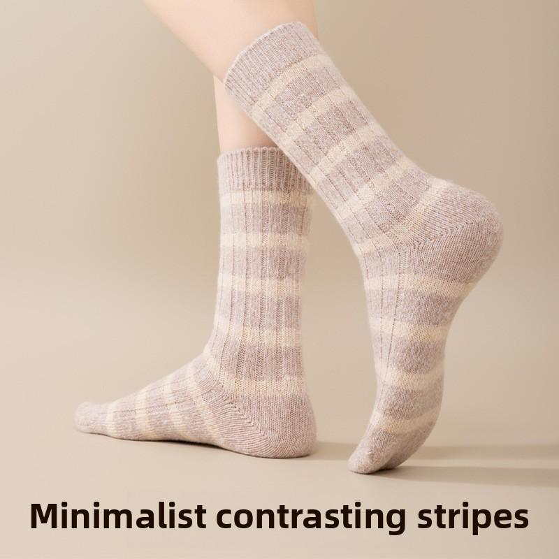 Socks women's mid-tube socks autumn winter double needle stripes spring and autumn warm stockings