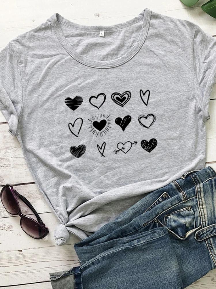 Three Rows Heart Print Women T Shirt Short Sleeve O Neck Loose Women Tshirt Ladies Tee Shirt Tops Clothes Camisetas Mujer
