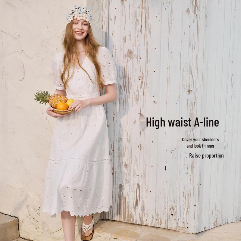 Xiangying French V-Neck Cotton Jacquard Midi Dress
