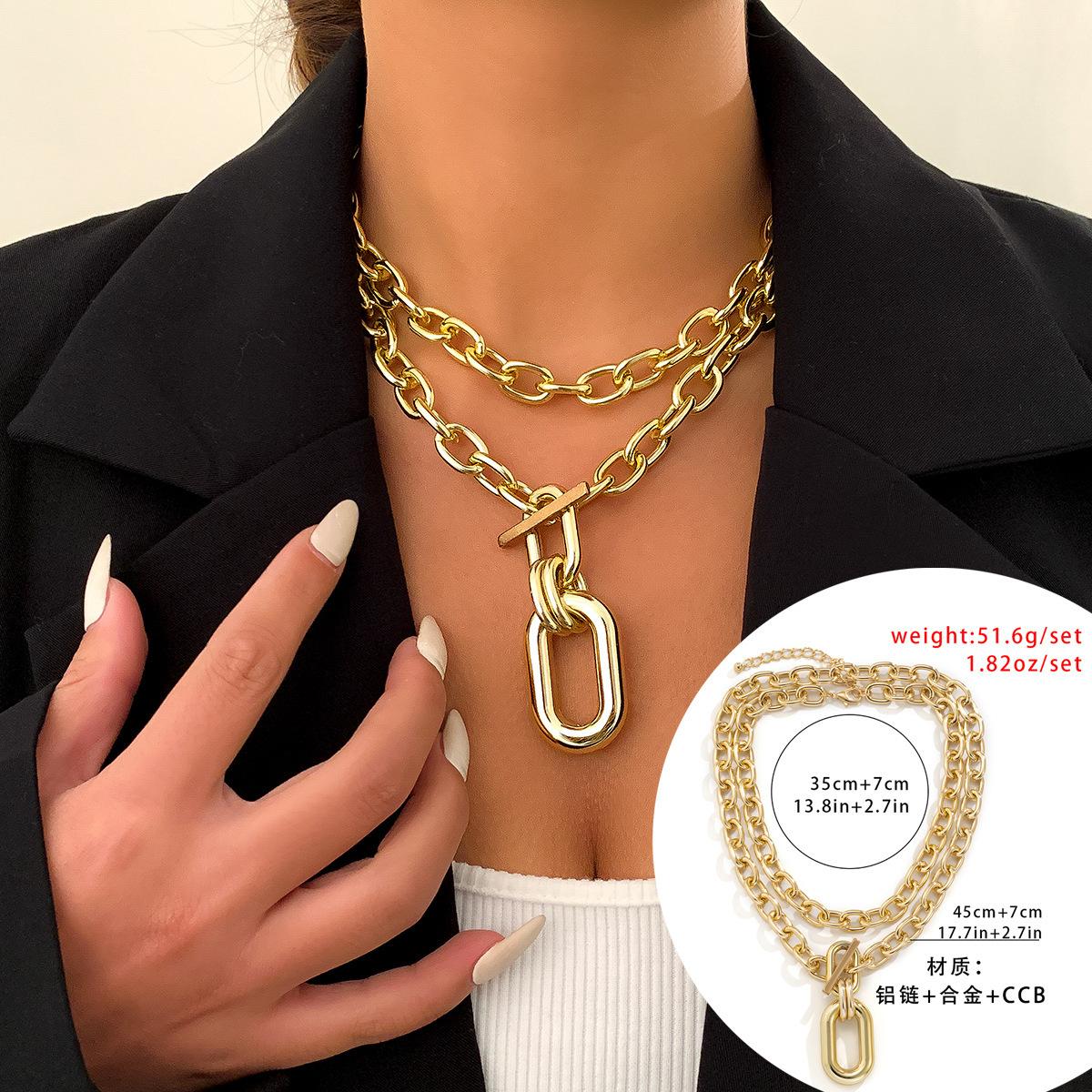 Jewelry, Trendy Personalized Aluminum Chain Multi-Layer Necklace, Fashionable Geometric Metal Buckle Collarbone Necklace For Women