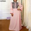 VONDA Elegant Women Puff Sleeve Print Patchwork Casual Loose Maxi Dress