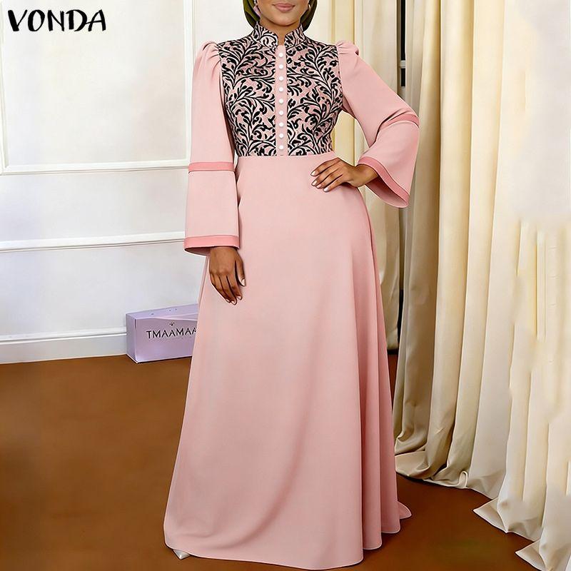 VONDA Elegant Women Puff Sleeve Print Patchwork Casual Loose Maxi Dress