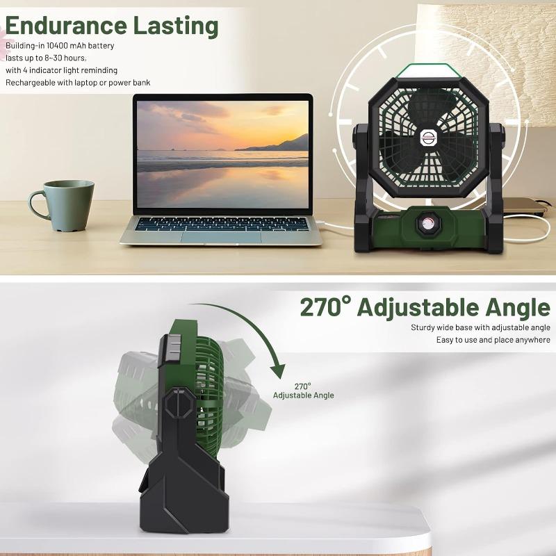 Camping Fan with LED Lantern, Rechargeable Battery Powered Fan with 270°Head Rotation, Stepless Speed for Picnic,Fishing, Travel