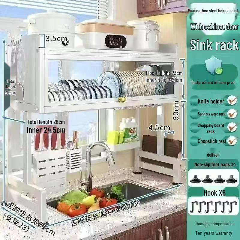 Multi-functional Kitchen Sink Cabinet Rack: Dustproof Countertop Storage for Bowls, Plates, and Dishes with Drainage.