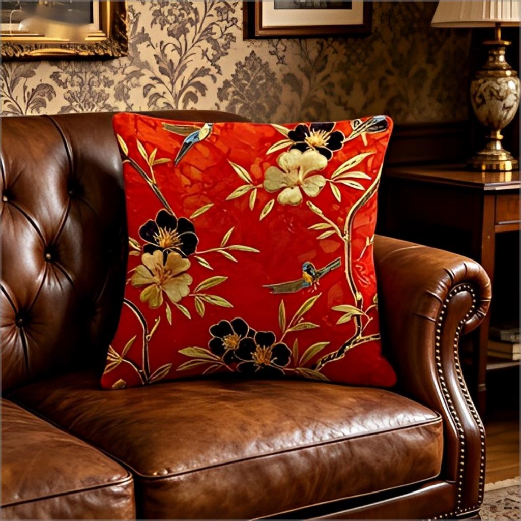 Style Red Floral Throw Pillow Covermagnolia Bird Print Decorative Cushion Case For Living Room Sofa Home Decor