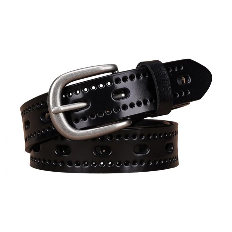 Womens Genuine Leather Belt With Hollow Design Pin Buckle Slim Width Jeans Dress Pants Black Coffee White