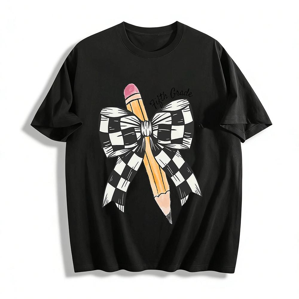 Fifth Grade Pencil Checkered Bow Print Casual Top Pure cotton T-shirt XXS