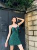 Women's Dark Green Retro Floral French-Style Sleeveless High-Waist Slim Fit Mini Dress for Spring & Summer