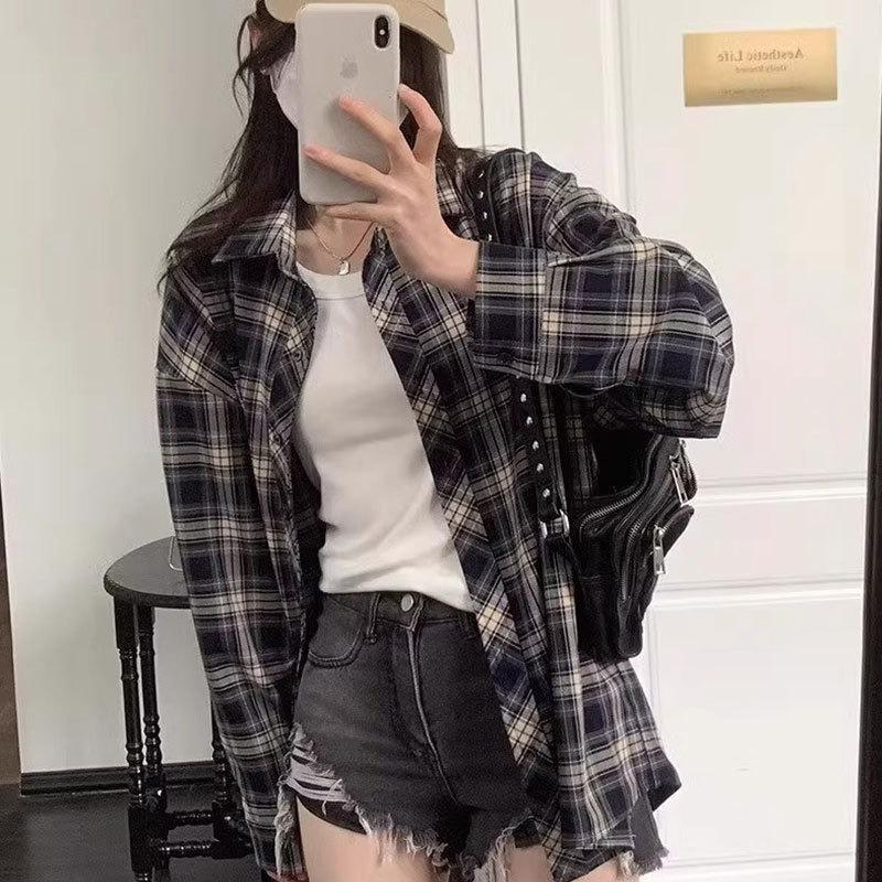 Women American Vintage Plaid Loose Long Sleeve Casual Shirt S темно-синий