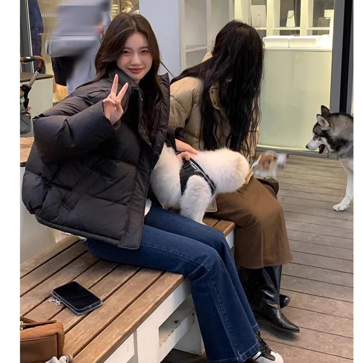 

Хлопковая одежда Женская короткая 2025 Новая утолщенная куртка с подкладкой ins Повседневная универсальная корейская свободная пуховая хлопковая куртка Зимняя куртка S чёрный