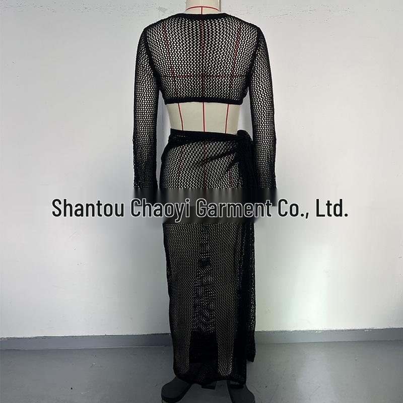 European & American Style Bandage Set: Long-Sleeved Top with Midi Skirt Beach Dress