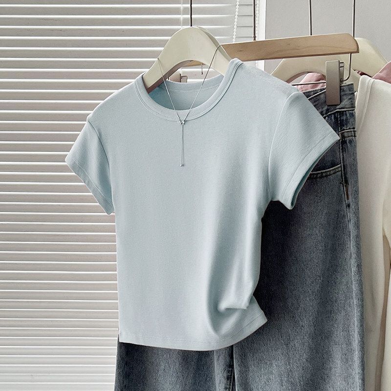 American Summer T-shirt Women's Shoulder Short Sleeves Summer Thin Round Neck Short Cotton Slim Fit Sweet and Spicy Tight Top