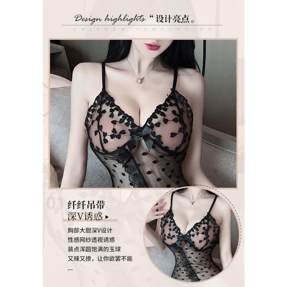 Man Wants Sexy Lingerie Women's Sexy Lace Polka Dot Nightdress Hot Suspender Short Skirt Temptation Open Gear No-take Uniform