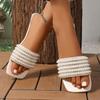 Luxury Pearl Bead Strap Slippers Women Summer Elegant Square Toe Flat Heel Slip On Sandals Silver Glitter Beach Slides