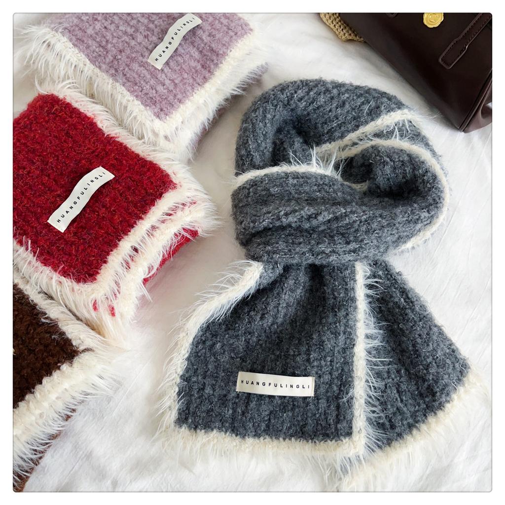 Autumn and Winter New Contrast Color Raw Edge Knitted Scarf for Women Korean Version Ins Fashion Warm Woolen Scarf Student Trend
