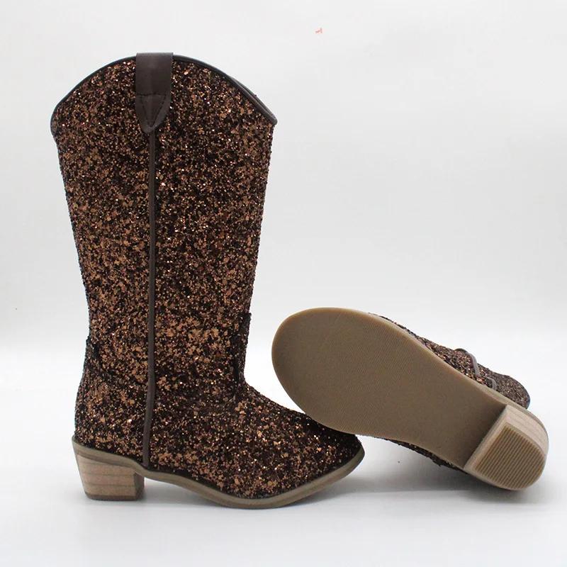 

Girls Knee High Riding Boots Solid Color Glitter Leather Boot Autumn Winter Sexy Zipper Low Heel Pumps Sequin Comfortable Shoes 35 верблюд