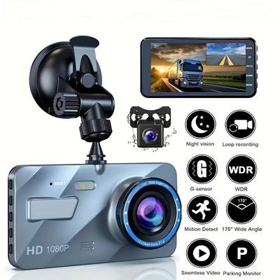 Dash Cam 1080P Dual Lens DVR Car Driving Recorder 4 Inch LCD Screen 170° Wide Angle, G-Sensor, WDR, Parking Monitor, Loop Recording, Motion Detection