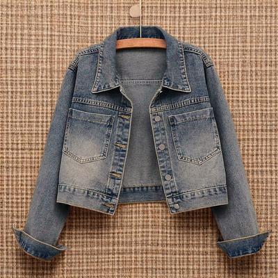 Jaqueta Jeans Cropped Azul Vintage de Design Feminino com Mangas Compridas para uma Jaqueta Solta Versátil