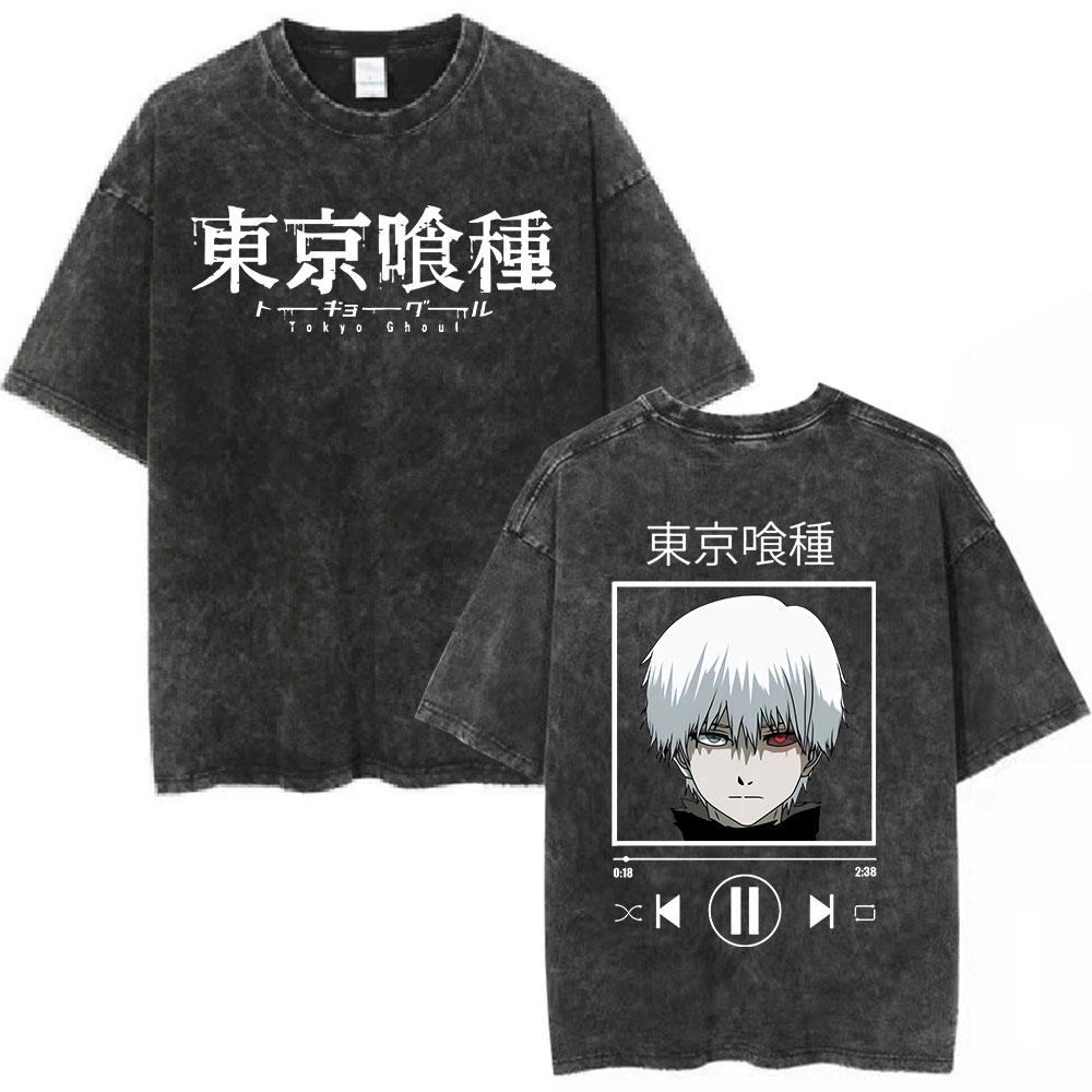 Vintage Washed Anime Tokyo Ghoul Spider Lily T Shirt Manga Cool Ken Kaneki Eyes Tshirts Gothic Short Sleeve T Shirts