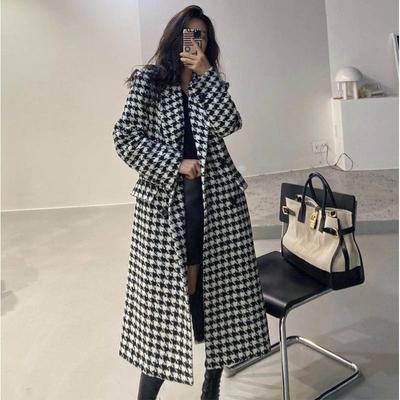 Woolen Coat Women Autumn Winter New Korean Fashion Classic Houndstooth Mid-length Knee-length Tops