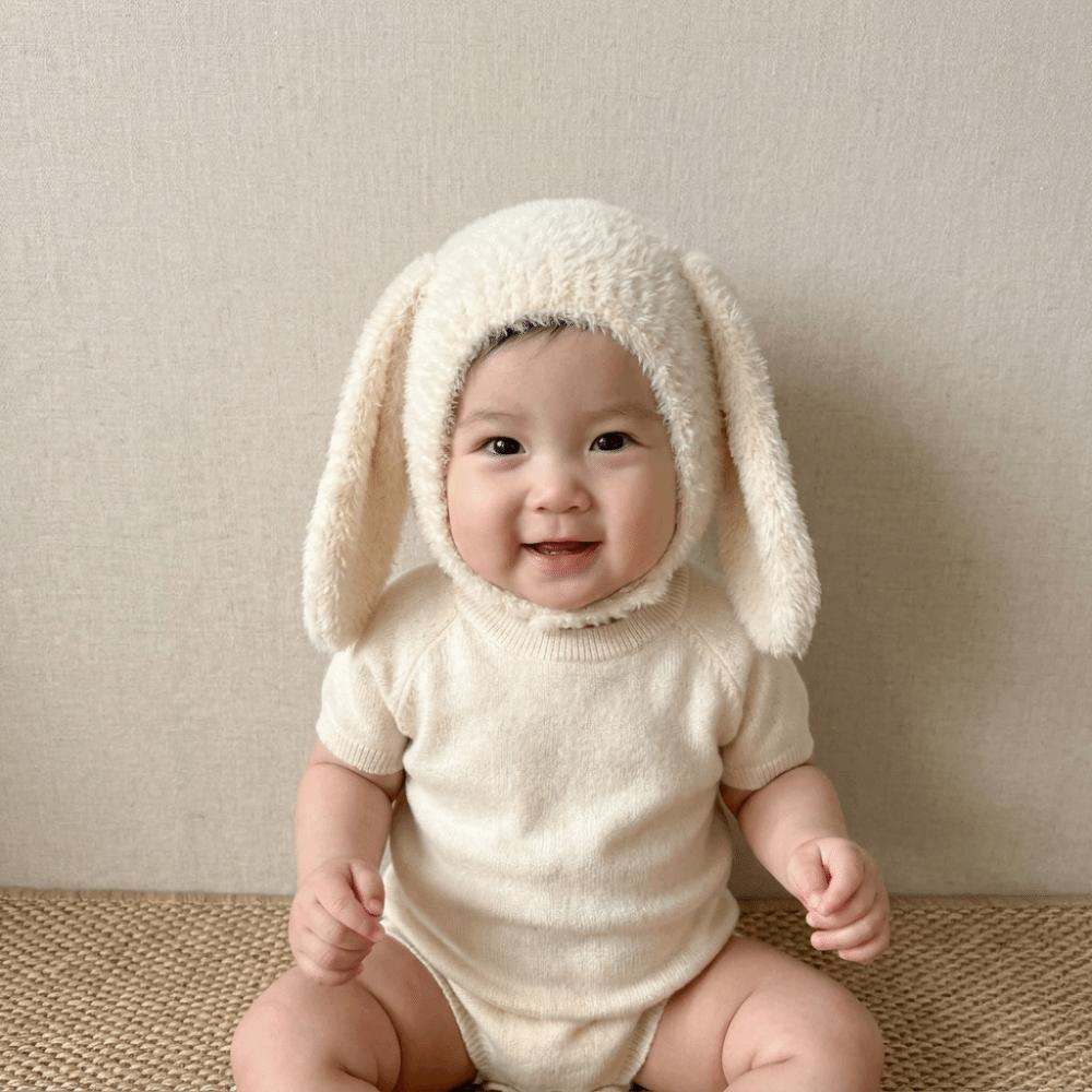 Solid Color Baby Pullover Cap Cartoon Kids Woolen Hat Personality Rabbit Ear Knitted Hat  Warmer