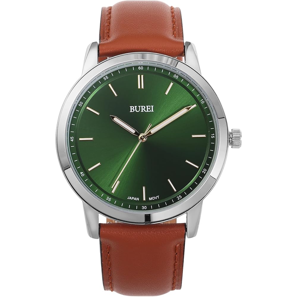 BUREI Men s Analog Quartz Watch Waterproof Leather Strap Silver Green Brown Lightweight Business Watch