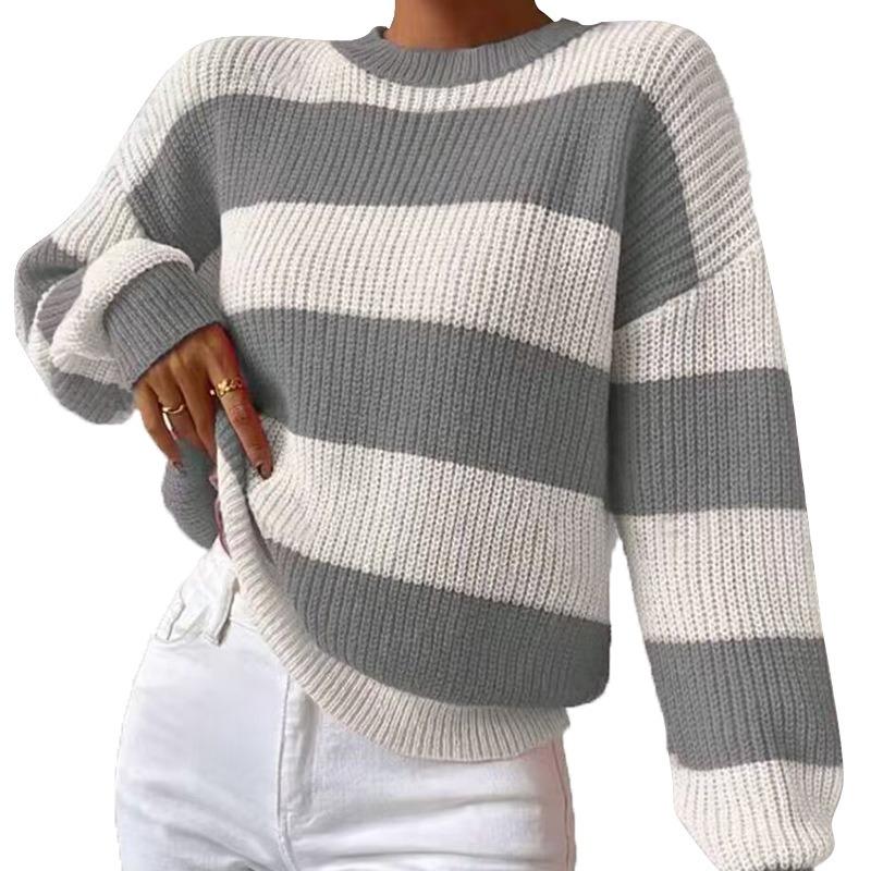 Damen S Lockerer Rundhals Langarm Gestreifter Strickpullover