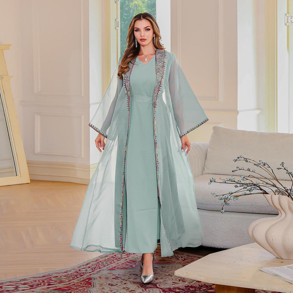 Available: Elegant Embroidered Muslim Two-Piece Mesh Long Dress Abaya for Women