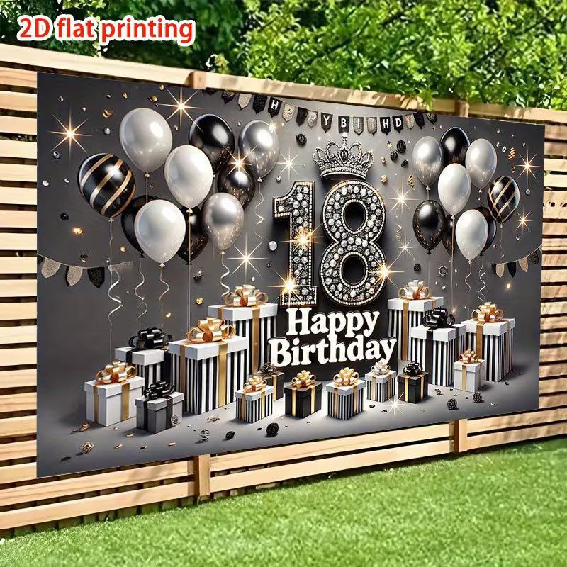 2D Elegant 18th Birthday Backdrop "Happy Birthday" with Diamond Number 18 Party Background