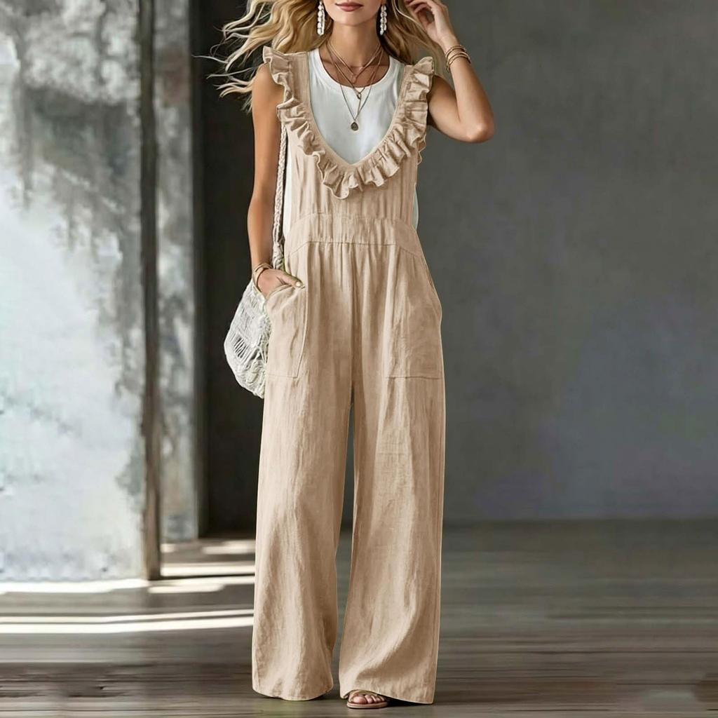 Women's Sleeveless V-Neck Ruffled Jumpsuit Comfortable Fit for Casual Daily Wear