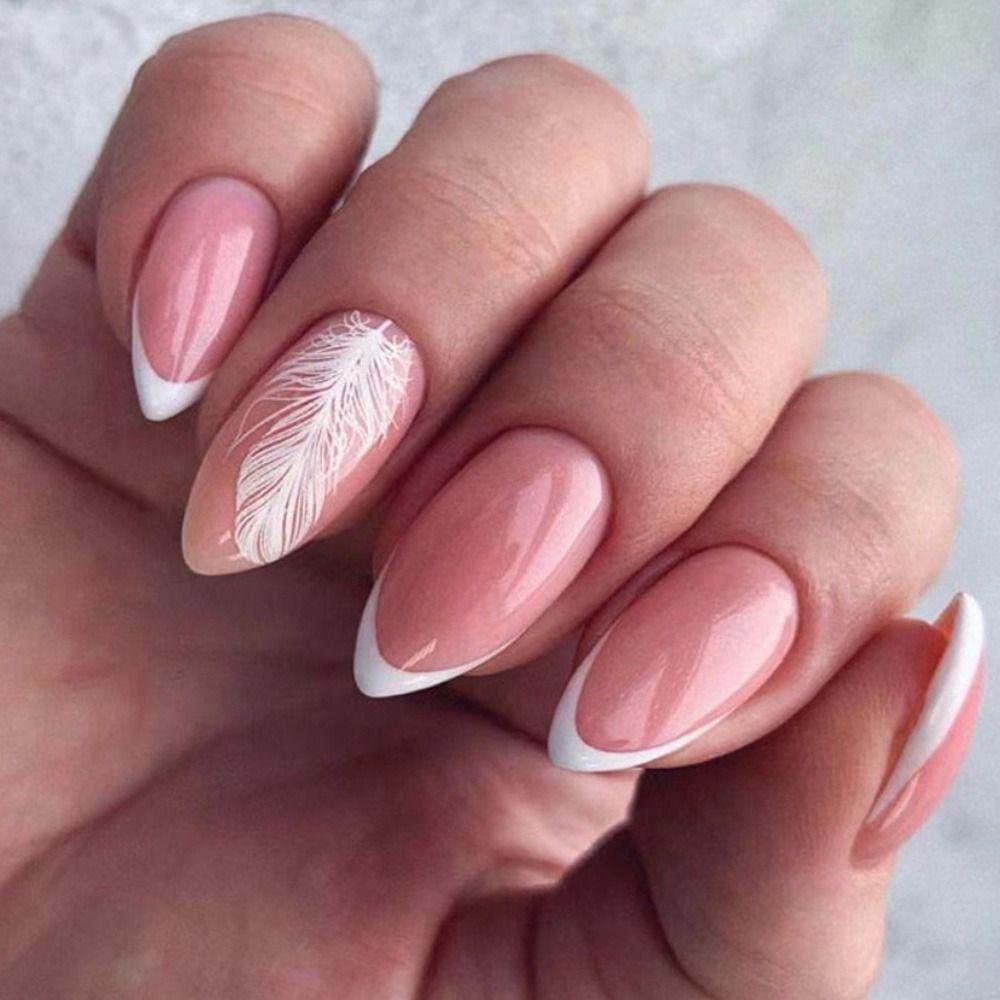 

24pcs Manicure Fake Nials DIY Feather Long Almond False Nails White Edge French
