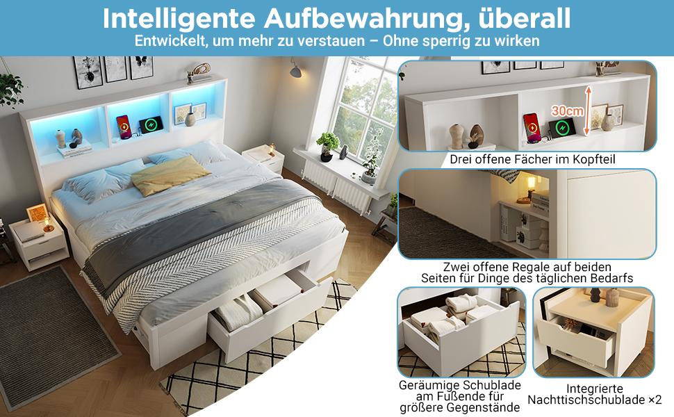 Bed 140x200 cm White with 2 Movable Nightstands, Wooden Bed with LED Lighting and USB Type-C Charging, Frame with Drawer and Shelves, without Mattress