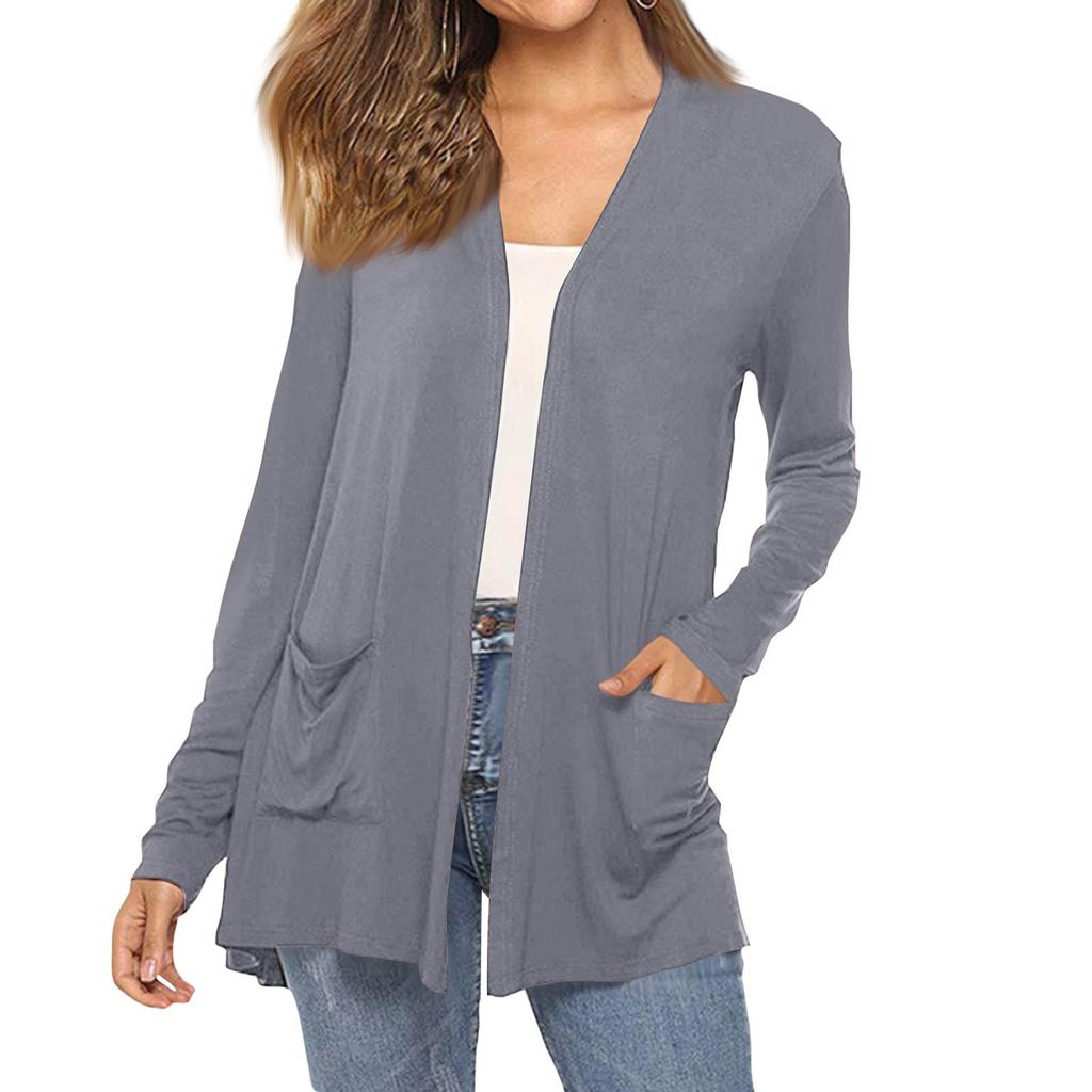 Women's Fashion Solid-Colour Long-Sleeved Pocketed Slim-Fit Cardigan Jacket