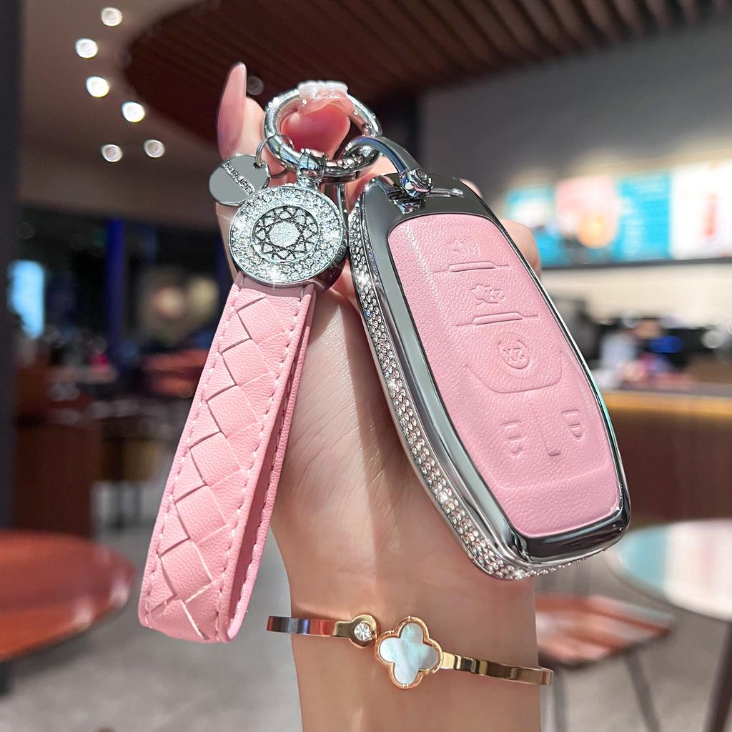 Compatible with Ford Key Fob Cover with Keychain, Pink Genuine Leather Crystal Key Case Protection Shell for Ford Fusion Mustang