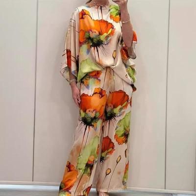 Summer Spring Elegant One Neck Loose Printed Bat Sleeve Drawstring Pant Suit