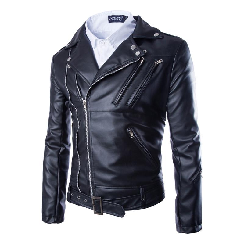 2015 Autumn/Winter Men's British Style Multi-Zipper Motorcycle Leather Jacket with Lapel.