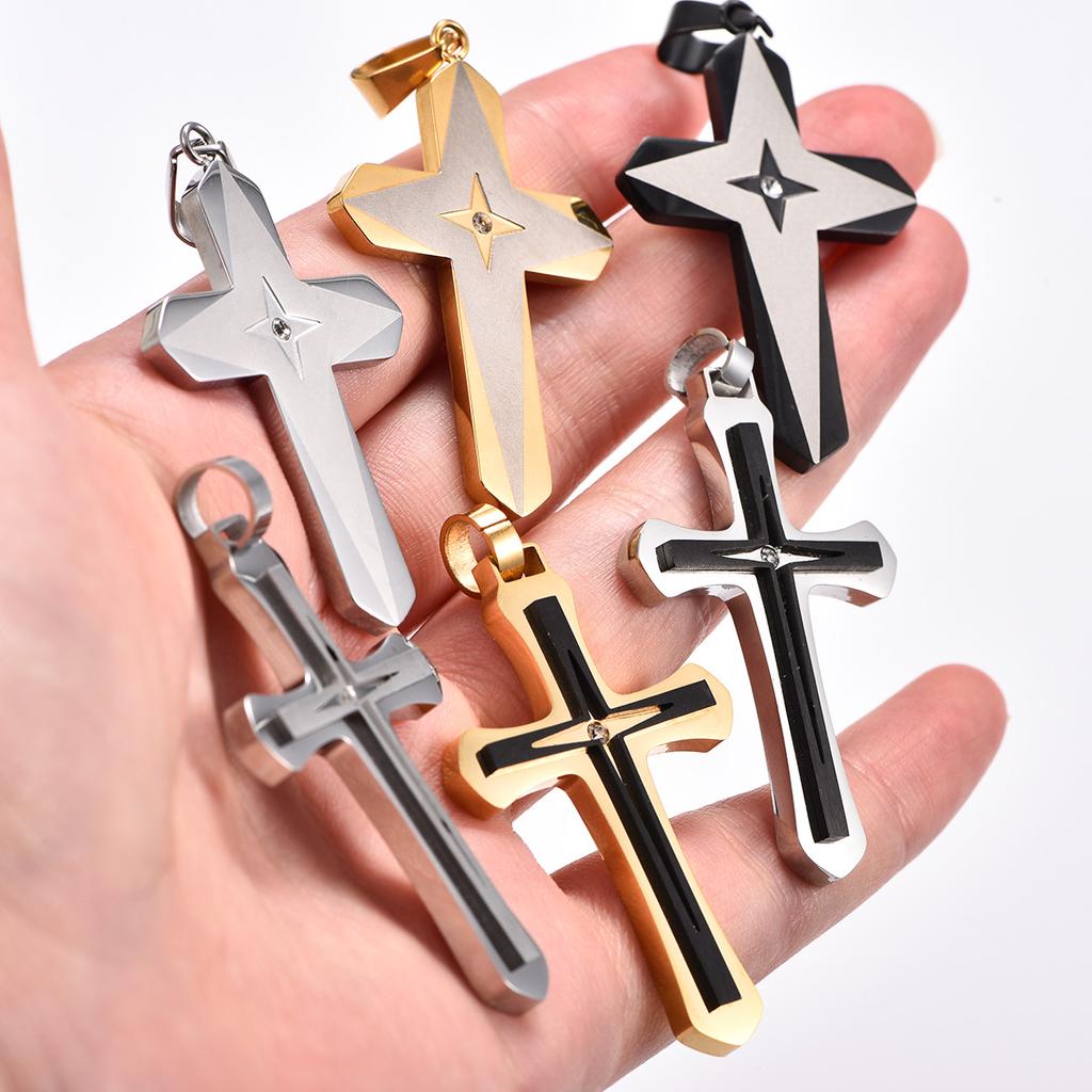 Stylish Stainless Steel Double Cross Pendant Necklace for Women Men Religious Faith Prayer Charms Chain Metal Jewelry Accessory