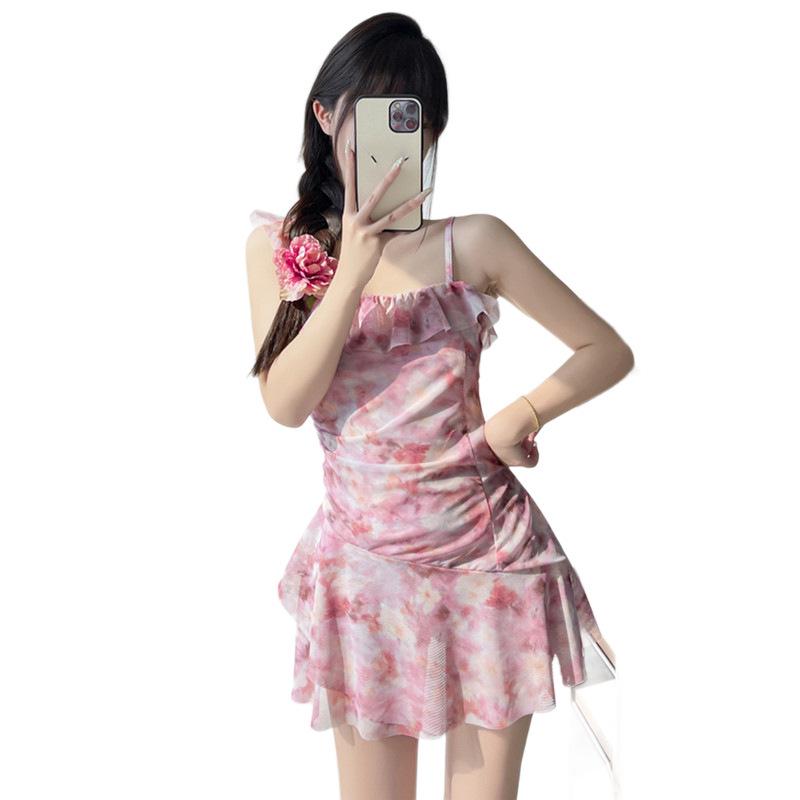Fairy-Inspired Skirt One-Piece Swimsuit with Straps: Ink Style, French Elegance, Beach-Ready