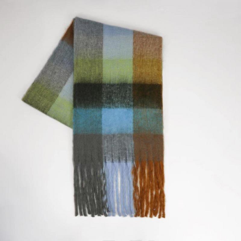 Autumn and winter European and American color matching AC imitation cashmere thick fringed scarf rainbow plaid mohair warm female student plus