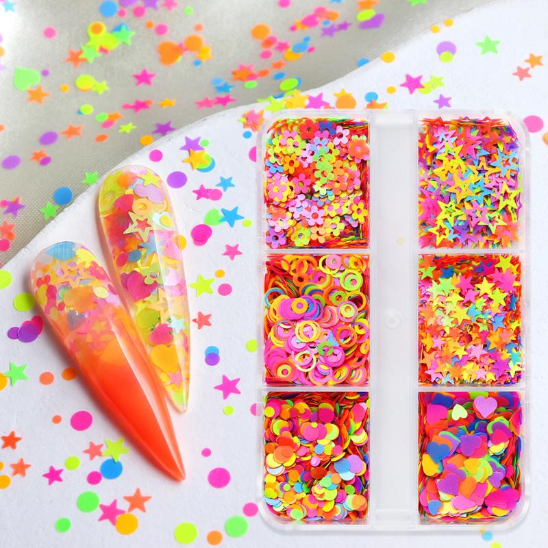 

6 сеток мини флуоресцентные фигурные пайетки для украшения ногтей любовь звезда смешанный цвет блестки для ногтей аксессуары материал для лака для ногтей для DIY